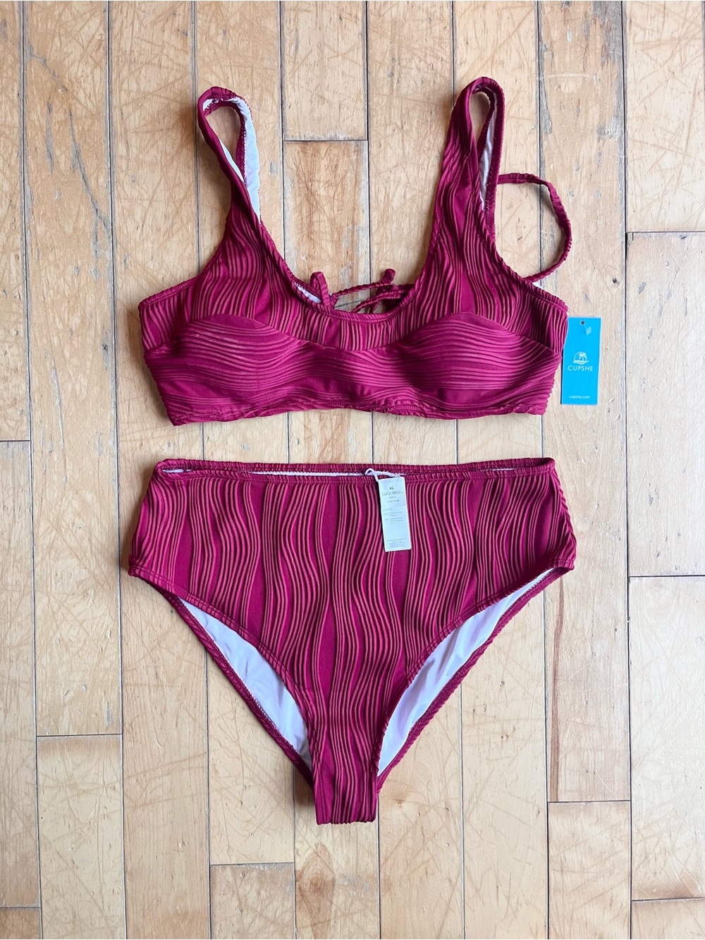 Cupshe NEW Ribbed High-Waisted Bikini Set Burgundy Size XL